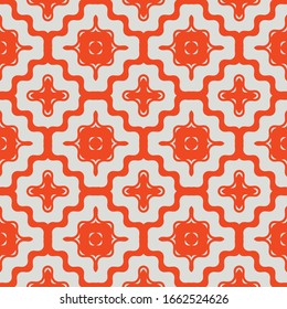 Vector geometric seamless pattern with wavy shapes, curved lines, crosses, grid. Simple abstract texture in orange and gray color. Repeatable ornament. Stylish modern design for decor, tileable print