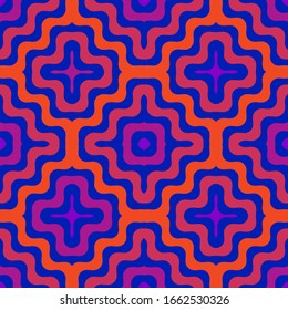 Patrón velero geométrico con formas onduladas, líneas curvadas. Impresión de arte retro vintage. La moda de los años 80 a 90. Colores vivos de moda, azul neón, naranja y violeta, fondo abstracto e interminable 