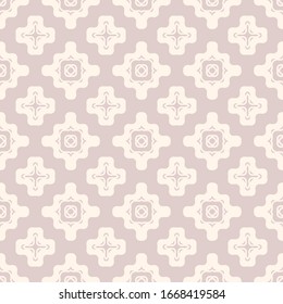 Vector geometric seamless pattern with wavy shapes, curved lines, crosses. Simple abstract texture in soft pink and beige color. Repeat minimal ornament. Stylish modern design for decor, wallpapers