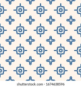 Vector geometric seamless pattern with wavy shapes, curved lines, crosses. Simple abstract texture in blue and white color. Repeat minimal ornament. Stylish modern design for decor, tileable print