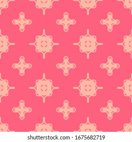 Vector geometric seamless pattern with wavy shapes, curved lines, crosses. Simple abstract texture in pink and peach color. Cute ornament. Stylish modern repeat design for decor, tileable print, cloth