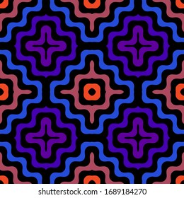 Vector geometric seamless pattern with wavy shapes, curved lines. Retro vintage art print. 1980s - 1990s fashion. Trendy vibrant colors, neon blue, orange, purple, black. Abstract endless background 