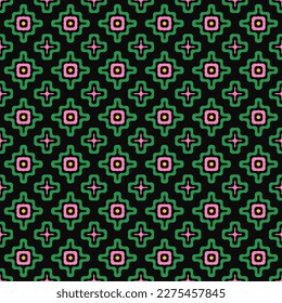 Vector geometric seamless pattern with wavy shapes, flower silhouettes. Simple abstract background in pink, green, yellow and black color. Cute funky colorful texture. Modern repeat decorative design