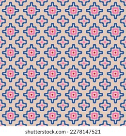 Vector geometric seamless pattern with wavy shapes, flower silhouettes. Simple abstract background in pink, blue, red and beige color. Cute funky colorful texture. Modern repeat decorative design