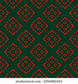 Vector geometric seamless pattern. Winter Christmas theme abstract graphic background. Simple folk style texture. Ethnic style ornament. Green and red. Repeat vintage geo design for decor, print, wrap