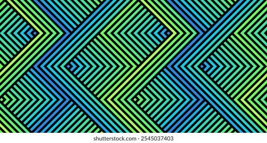 Vector geometric seamless pattern with zig zag lines, stripes, chevron, halftone effect. Abstract urban sport graphic texture. Trending 1980s - 1990s style background. Bright neon green blue gradient