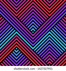 Vector geometric seamless pattern with zigzag lines, stripes, chevron, halftone effect. Abstract sport style graphic texture. Trendy background in 1990s style. Neon gradient, vibrant red, purple, cyan