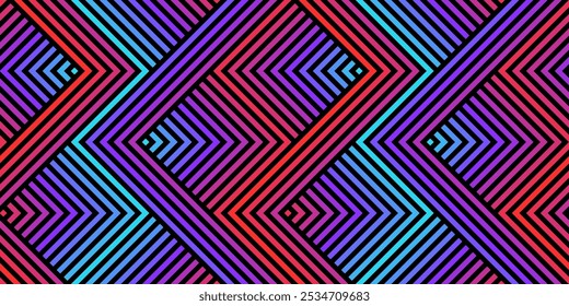 Vector geometric seamless pattern with zigzag lines, stripes, chevron, halftone effect. Abstract urban sport style graphic texture. Trendy background in Y2K style. Vibrant neon gradient color design