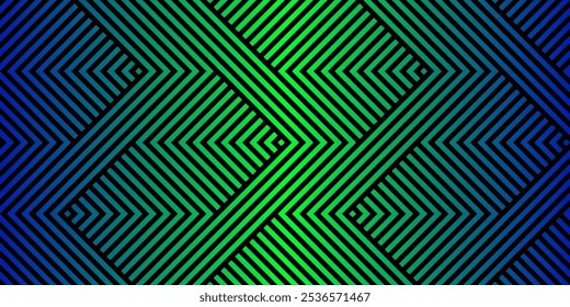 Padrão contínuo geométrico vetorial com linhas em ziguezague, listras, divisas. Textura gráfica urbana estilo esporte abstrato. Design de fundo moderno em estilo de 1980 - 1990. Gradiente verde e azul de néon moderno