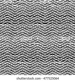 Vector geometric seamless pattern with zigzag lines and stripes in black and white. Striped modern bold print in 1980s style for summer fall fashion. Abstract dynamic techno chevron background