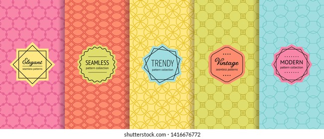 Vector geometric seamless patterns. Collection of colorful background swatches with elegant minimal labels. Cute abstract linear textures. Subtle modern design. Pink, orange, yellow, green, blue color