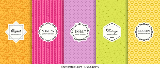 Vector geometric seamless patterns collection. Set of bright colorful background swatches with elegant minimal labels. Cute abstract textures. Modern design. Orange, pink, purple, green, yellow color