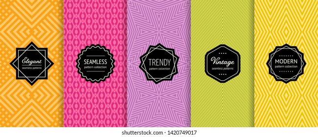 Vector geometric seamless patterns collection. Set of colorful background swatches with elegant minimal labels. Abstract striped textures. Modern design. Orange, pink, purple, green, yellow color