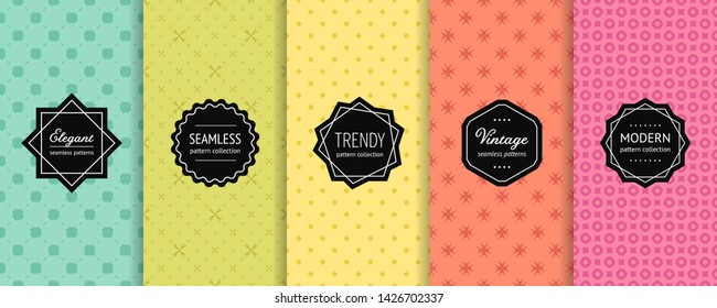 Vector geometric seamless patterns. Collection of colorful background swatches with elegant modern labels. Subtle abstract textures. Cute minimal design. Turquoise, green, yellow, orange, pink color