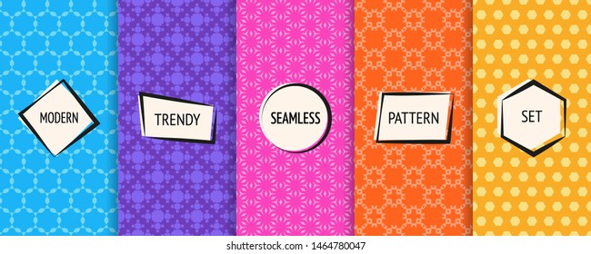 Vector geometric seamless patterns collection. Bright colorful background swatches with simple modern labels. Set of cute funky abstract textures. Stylish ornaments. Pretty design. Funny kids style