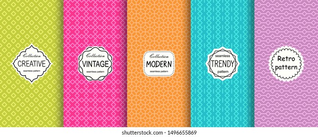 Vector geometric seamless patterns collection. Set of 5 bright colorful background swatches with elegant minimal labels. Cute trendy textures on vibrant background. Modern design.