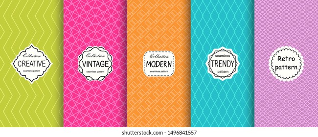 Vector geometric seamless patterns collection. Set of 5 bright colorful background swatches with elegant minimal labels. Cute trendy textures on vibrant background. Modern design.