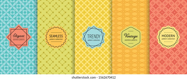 Vector geometric seamless patterns. Collection of colorful background swatches with elegant minimal labels. Cute abstract textures. Retro vintage style design. Red, orange, yellow, green, blue color 