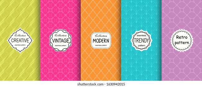 Vector geometric seamless patterns collection. Set of 5 bright colorful background swatches with elegant minimal labels. Cute trendy textures on vibrant background. Modern design
