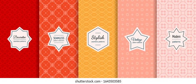 Vector geometric seamless patterns collection. Set of simple abstract colorful background swatches with elegant minimal labels. Cute modern ornamental textures. Red, orange, yellow, coral, pink color
