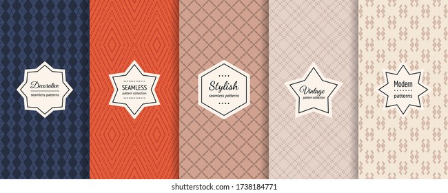 Vector geometric seamless patterns collection. Set of vintage colorful background swatches with labels. Elegant abstract textures. Ethnic style retro design. Navy blue, orange, beige, brown color