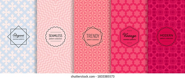 Vector geometric seamless patterns collection. Set of elegant colorful background swatches with modern minimal labels. Cute abstract textures. Blue, pink, red color. Beauty fashion theme design