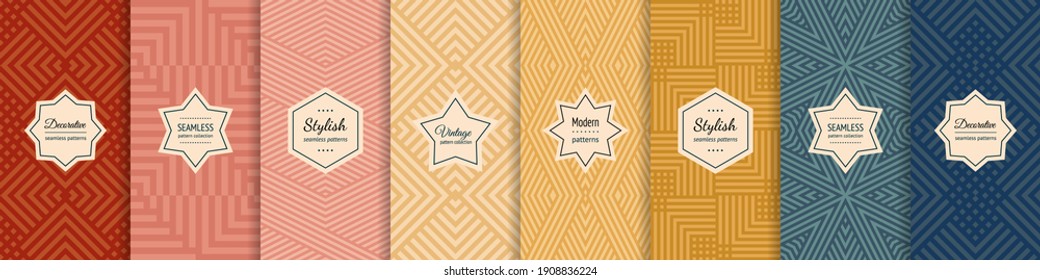 Vector Geometric Seamless Patterns Collection. Set Of Stylish Pastel Backgrounds With Elegant Minimal Labels. Abstract Modern Textures With Lines, Stripes. Trendy Colors. Repeated Designs Templates