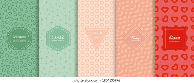 Vector geometric seamless patterns collection. Set of bright colorful background swatches with elegant minimal labels. Cute abstract ornament textures. Modern design. Green, pink, powdery, red color 