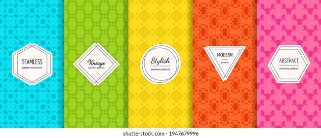 Vector geometric seamless patterns collection. Set of bright colorful background swatches with modern minimal labels. Cute abstract textures. Vibrant summer colors, blue, green, yellow, orange, pink