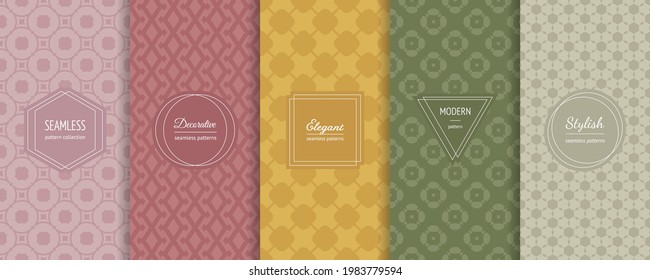 Vector geometric seamless patterns collection. Set of elegant colorful background swatches with modern minimal labels. Cute abstract textures. Package design. Light pastel colors, pink, yellow, green