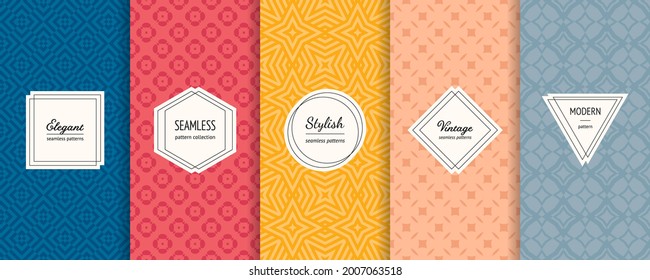 Vector geometric seamless patterns. Collection of cute abstract colorful background swatches with elegant minimal labels. Stylish modern textures set. Bright summer colors, blue, red, yellow, coral