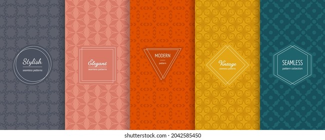 Vector geometric seamless patterns collection. Set of simple abstract background swatches with elegant minimal labels. Modern colorful textures. Gray, pink, orange, yellow, teal color. Trendy design