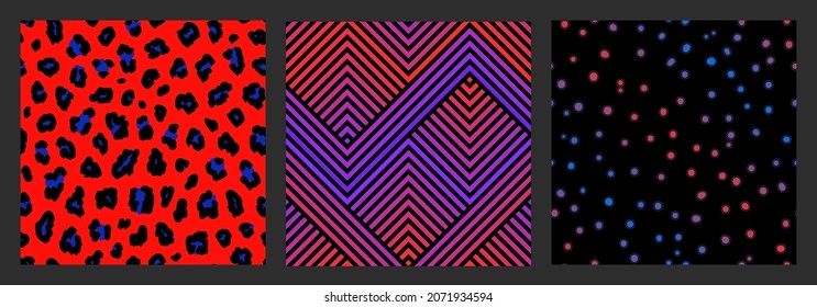 Vector geometric seamless patterns collection. Trendy abstract sport style graphic textures set. Backgrounds in vibrant neon colors. Leopard print, colorful zigzag lines, stripes, chevron, spots, dots