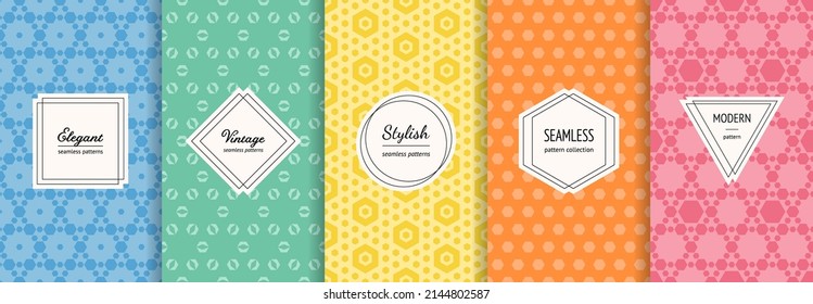 Vector geometric seamless patterns collection. Set of bright colorful background swatches with elegant minimal labels. Cute abstract textures. Spring Easter decoration. Modern summer ornament design