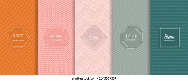 Vector geometric seamless patterns collection. Set of modern backgrounds with minimal labels. Abstract zigzag line ornament, chevron textures. Trendy pastel color palette. Elegant decorative design