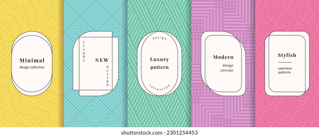 Vector geometric seamless patterns collection. Trendy set of bright colorful background swatches with elegant minimal labels. Cute funky abstract textures. Yellow, blue, green, purple, pink color