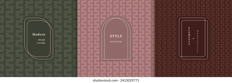 Vector geometric seamless patterns with modern minimal labels, frames. Elegant abstract textures set with zigzag, snake lines. Trendy ornament background. Stylish design for print, banner, package