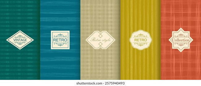 Vector geometric seamless patterns for print, decor, voucher, package, banner. Trendy set of abstract colorful backgrounds with minimal labels, frames. Abstract modern retro line ornament textures