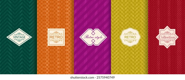 Vector geometric seamless patterns for print, decor, voucher, package, banner. Trendy set of abstract colorful backgrounds with minimal labels, frames. Abstract modern retro line ornament textures