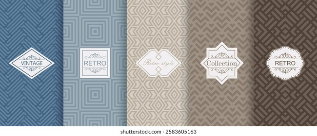 Vector geometric seamless patterns for print, decor, voucher, package, banner. Trendy set of abstract colorful backgrounds with minimal labels, frames. Abstract modern retro line ornament textures