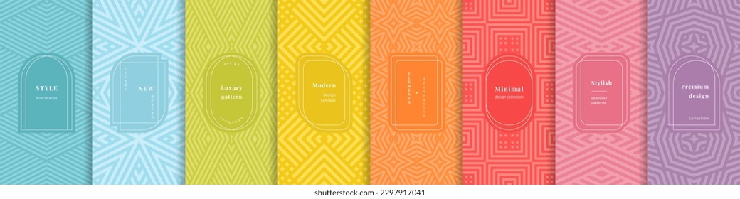 Vector geometric seamless patterns. Rainbow colorful set of abstract stylish backgrounds with elegant minimal labels, frames. Abstract modern line ornament textures. Trendy funky decorative design 