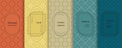 Vector Geometric Seamless Patterns. Set Of Modern Backgrounds With Elegant Minimal Labels. Abstract Oriental Ornament Textures. Trendy Spring Summer Pastel Color Palette. Luxury Vintage Geo Design