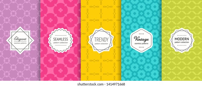 Vector geometric seamless patterns. Set of bright colorful background swatches with modern minimalist labels. Cute abstract textures collection, floral motif. Purple, pink, yellow, blue, green color