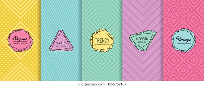 Vector geometric seamless patterns. Set of simple linear background swatches with elegant minimal stickers. Abstract modern textures collection. Purple, pink, yellow, blue, turquoise green color