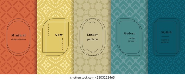 Vector geometric seamless patterns. Set of modern backgrounds with elegant minimal labels. Abstract oriental ornament textures. Trendy spring summer pastel color palette. Luxury vintage geo design