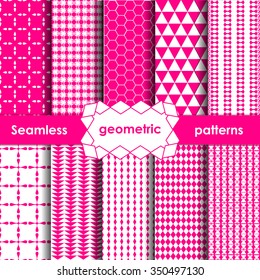 Vector Geometric Seamless Patterns Set. Pink Textures on white