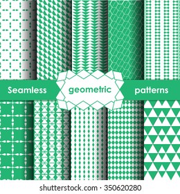 Vector Geometric Seamless Patterns Set. Blue-green Textures on white
