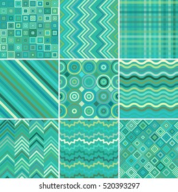 Vector geometric seamless patterns set. Blue, green white colors. Vector illustration