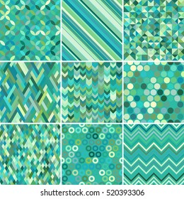 Vector geometric seamless patterns set. Blue, green white colors. Vector illustration