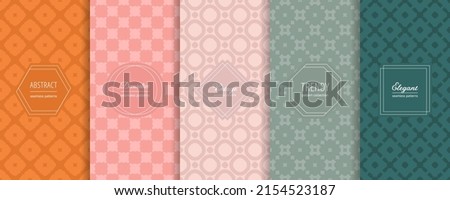 Vector geometric seamless patterns. Set of modern backgrounds with elegant minimal labels. Abstract floral grid ornament textures. Trendy spring summer pastel color palette. Elegant decorative design